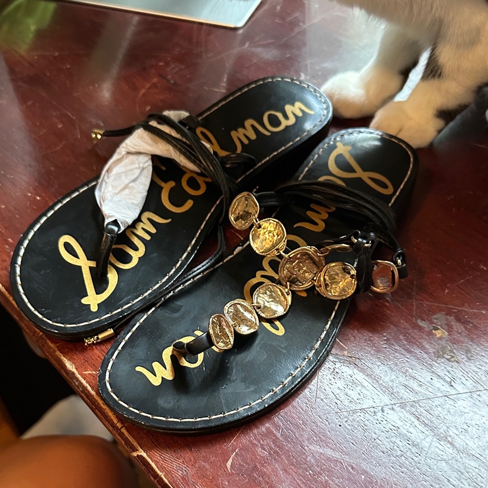 Sam Edelman Black Sandals with Gold Coin Accents